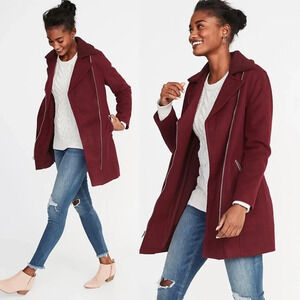 ✨NWT Old Navy Wine Red Long Brushed Felt Sherpa Collar Moto Jacket Coat Medium